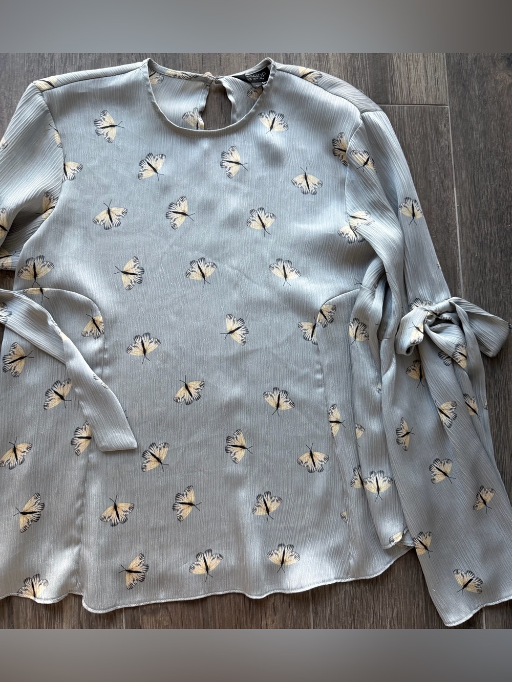 Topshop Pale Blue Butterfly Print Tie-Sleeve Blouse